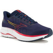 Marineblaue Mizuno Herren-Sportsneaker aus Textil mit Schnürung, gelb-roten Akzenten, weißer Zwischensohle und strukturierter Außensohle
