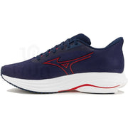 Marineblauer Mizuno Herren-Laufschuh aus Textil mit Schnürung, roten Akzenten und weißer Zwischensohle für sportliche Aktivitäten