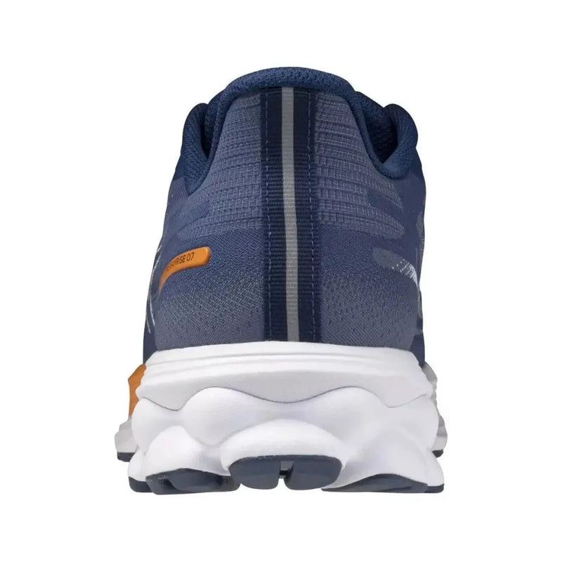 Marineblauer Mizuno Wave Inspire 20 Herren-Laufschuh mit weißen und orangen Akzenten für sportliche Performance