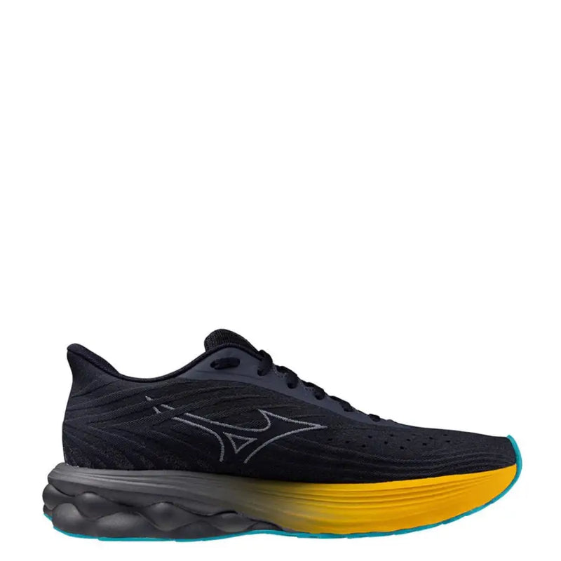 Black mizuno running shoe with yellow and teal accents, mesh upper, cushioned sole.