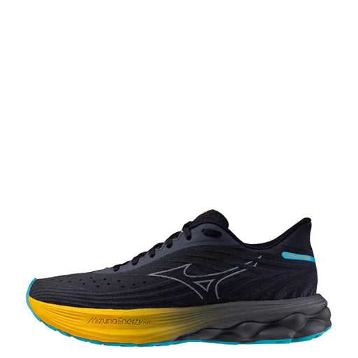 Black and yellow mizuno running shoe with textured sole design