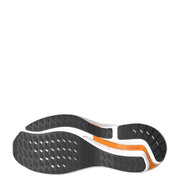 Adidas ultra boost sneaker with orange and white accents, black rubber sole.