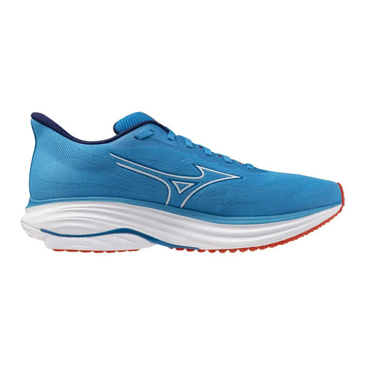 Chaussure de course Mizuno pour homme en tissu bleu vif avec des accents blancs et rouges, conçue pour une utilisation sportive.