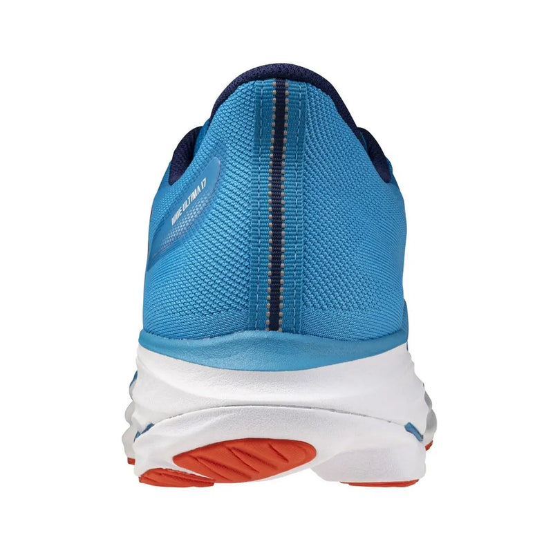 Mizuno Herren-Sneaker aus hellblauem Stoff mit blau-weißem Ultima 17 Laufschuh und orangefarbenen Sohlenakzenten