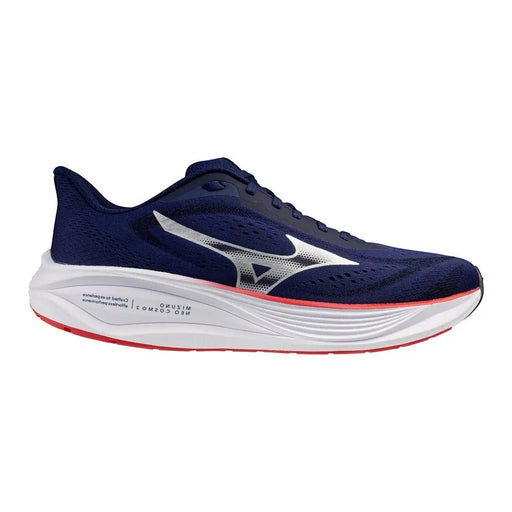 Baskets Mizuno Neo Cosmos 3 pour homme, bleu marine, avec logo Swoosh argenté et semelle rouge en tissu.