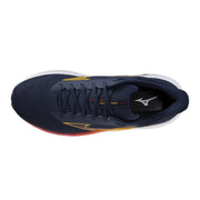Mizuno Herren-Sneaker, sportliche blaue Schnürschuhe mit marineblauem Mesh-Obermaterial und gold-roten Akzenten an Seite und Sohle