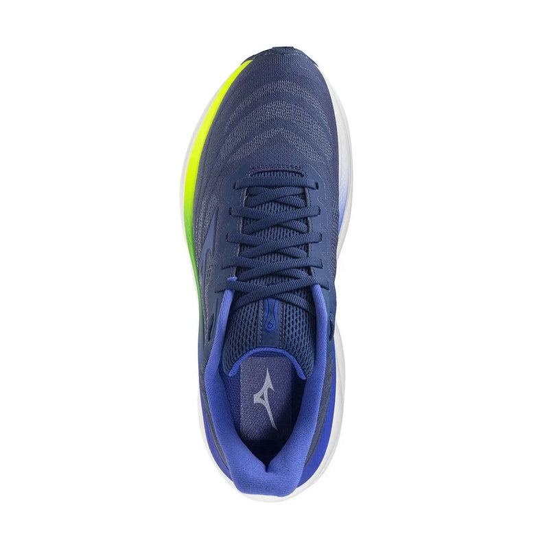 Marineblaue und neongrüne Mizuno Herren-Sneaker mit atmungsaktivem Mesh-Obermaterial und weißer Zwischensohle für sportliche Aktivitäten