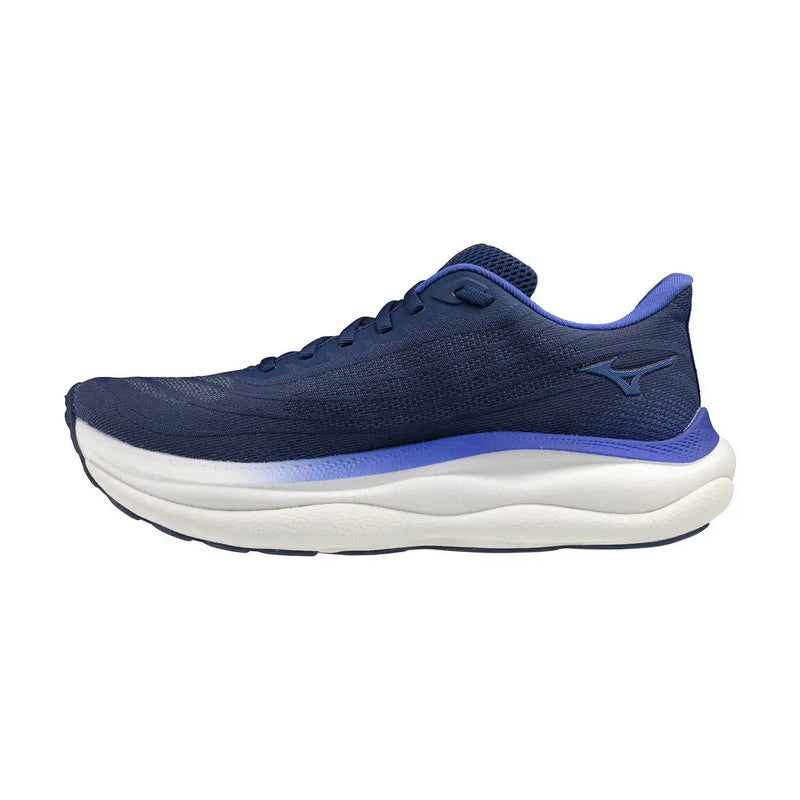 Marineblaue und violette Mizuno Herren-Sneaker mit weißer Zwischensohle, sportliche Schnürschuhe
