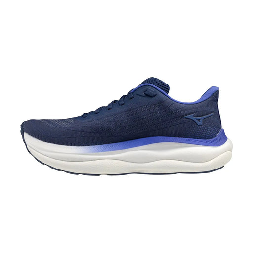 Baskets Mizuno pour homme, bleu marine et violet, semelle intermédiaire blanche, modèle sport à lacets, chaussures de running.