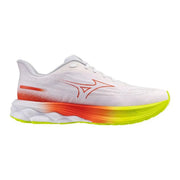 Mizuno Herren-Sneaker, weiße, sportliche Schnürschuhe mit weißem Wave Prophecy 4-Logo und orange-neongelber Farbverlaufsohle