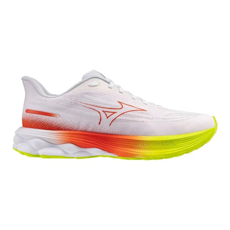 Mizuno Herren-Sneaker, weiße, sportliche Schnürschuhe mit weißem Wave Prophecy 4-Logo und orange-neongelber Farbverlaufsohle