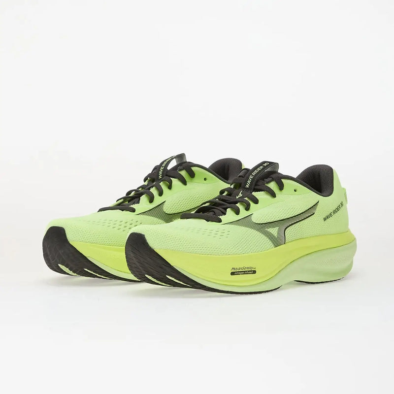 Leuchtend limettengrüne Mizuno Wave Rider 30 Herren-Laufschuhe aus Textil mit schwarzen Schnürsenkeln und Akzenten für sportliche Aktivitäten