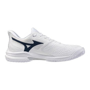 Weiße Mizuno Herren-Sneaker, Sportschuhe mit marineblauem Branding und strukturiertem Obermaterial aus Stoff für sportliche Aktivitäten