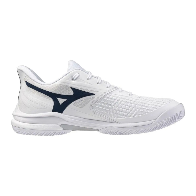 Weiße Mizuno Herren-Sneaker, Sportschuhe mit marineblauem Branding und strukturiertem Obermaterial aus Stoff für sportliche Aktivitäten