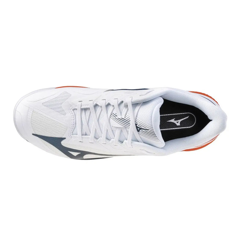 Mizuno Herren-Volleyballschuh in Weiß mit marineblauen und orangen Akzenten aus einem Materialmix