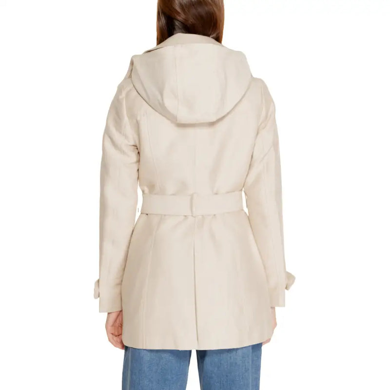 Morgan de toi beige long blazer styled as a hooded trench coat with matching belt and subtle seam detailing