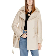 Morgan De Toi beige long blazer featuring a classic double-breasted design with a matching belt and front pockets