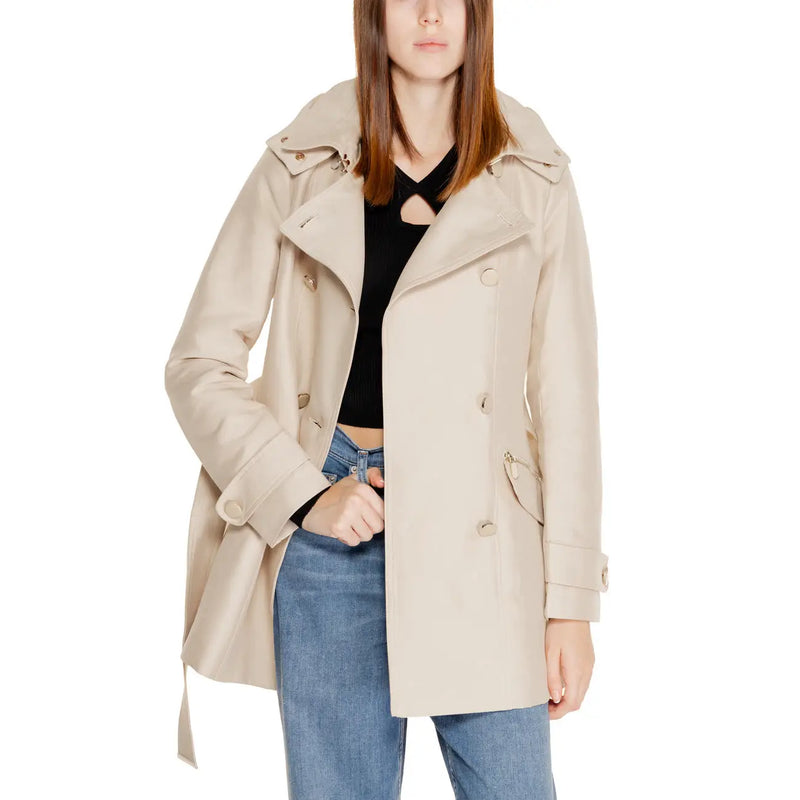 Morgan De Toi beige long blazer featuring a classic double-breasted design with a matching belt and front pockets