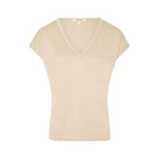 Morgan De Toi beige short sleeve v neck blouse with delicate lace trim along the neckline in soft fabric