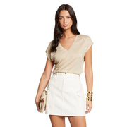 Morgan De Toi beige short sleeve v neck blouse with soft flowing fabric ideal for elegant casual wear
