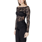 Morgan de toi black long sleeve boat neck blouse with off the shoulder neckline and floral lace design