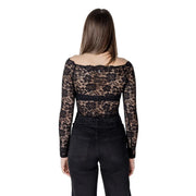 Morgan De Toi black lace long sleeve blouse with off the shoulder boat neck and solid black waist band