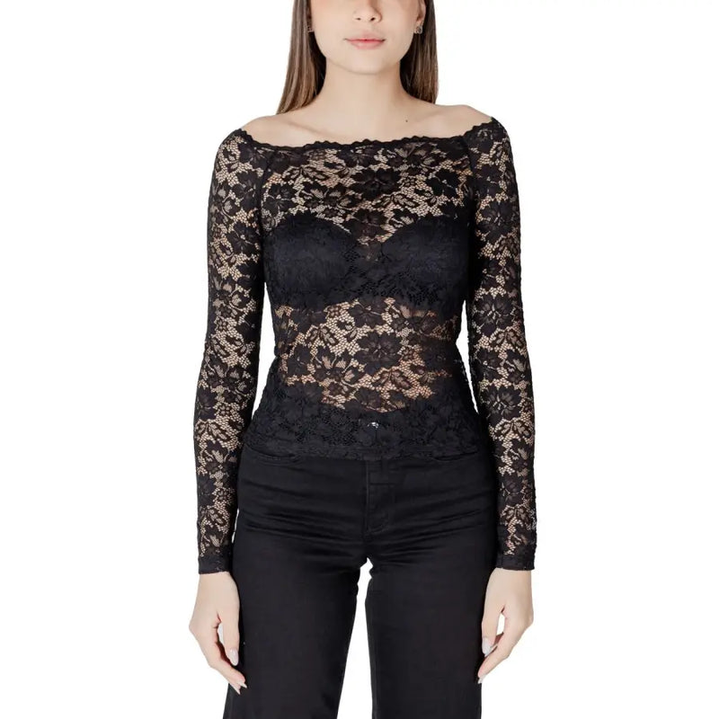 Morgan De Toi black floral lace long-sleeve off-shoulder blouse
