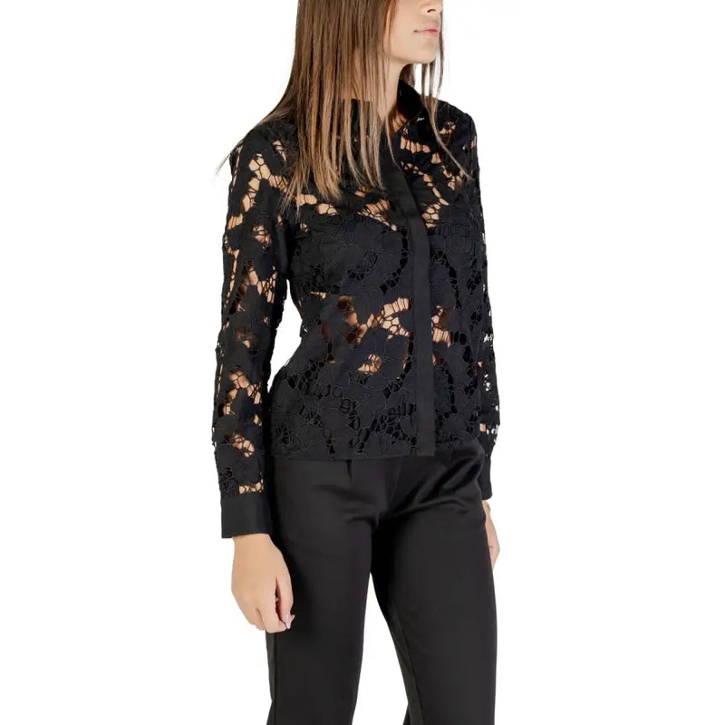 Morgan De Toi black lace long sleeve blouse with intricate floral patterns and a round neck design