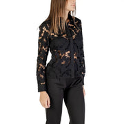 Morgan De Toi black lace long sleeve blouse with intricate floral patterns and a round neck design