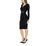 Women’s black long-sleeved midi wrap dress with gold-tone double-C buckle, Morgan De Toi