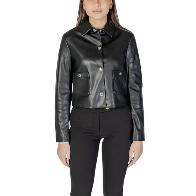 Morgan De Toi Black Long Womens Blazer featuring faux leather fabric with silver buttons