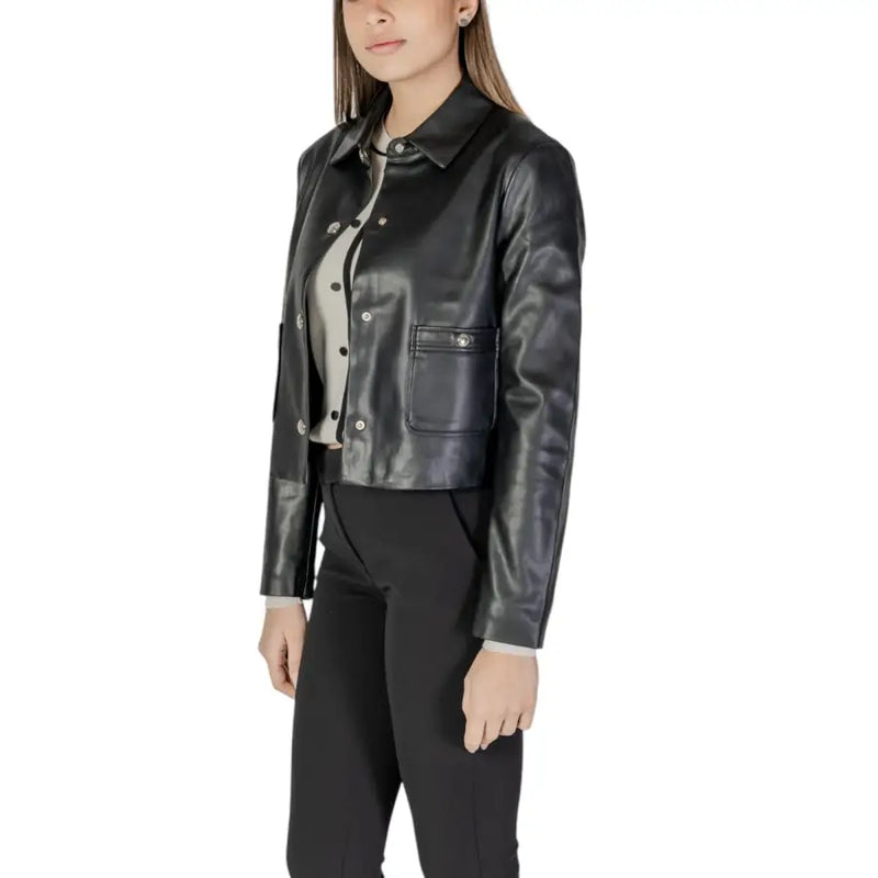 Women’s black leather button-up blazer with chest pockets from Morgan De Toi Spring Summer collection