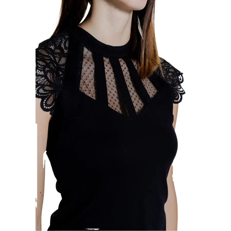 Morgan de toi black sleeveless turtleneck blouse with lace sleeves and sheer mesh panel across the chest for women