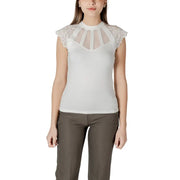 Morgan De Toi black sleeveless turtleneck blouse with lace shoulders