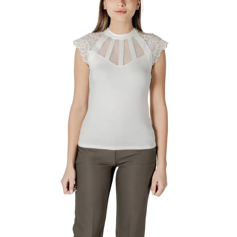 Morgan De Toi black sleeveless turtleneck blouse with lace shoulders