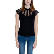Morgan de toi black sleeveless turtleneck blouse with lace shoulders and sheer mesh panel at the neckline for women
