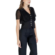 Morgan de toi black v neck blouse featuring sheer fabric puffed sleeves and button front for fall winter wear