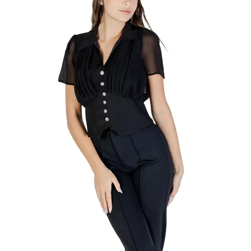 Morgan De Toi black sheer v neck blouse with fitted corset waist and silver buttons for fall winter wear