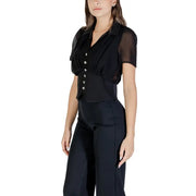 Morgan de toi black v neck blouse in sheer fabric with short sleeves and button front for fall winter wear
