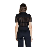 Morgan de toi black v neck sheer blouse with puffed sleeves and fitted waistband for fall winter
