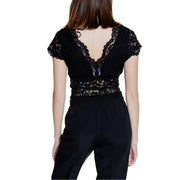 Morgan De Toi black lace V-neck top with floral patterns and flutter sleeves