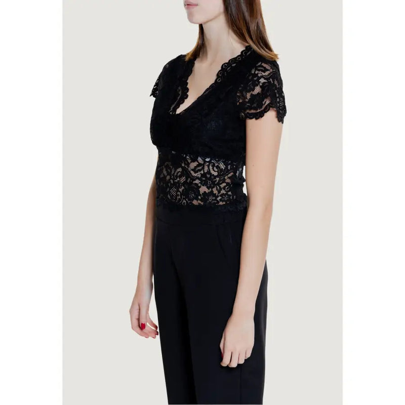 Black lace Morgan De Toi top with short sleeves and v-neckline perfect for elegant occasions