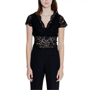 Morgan de toi black lace v neck top with short flutter sleeves made of delicate lace fabric
