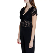 Morgan De Toi black lace v neck short sleeve top showcasing delicate lace fabric and elegant design