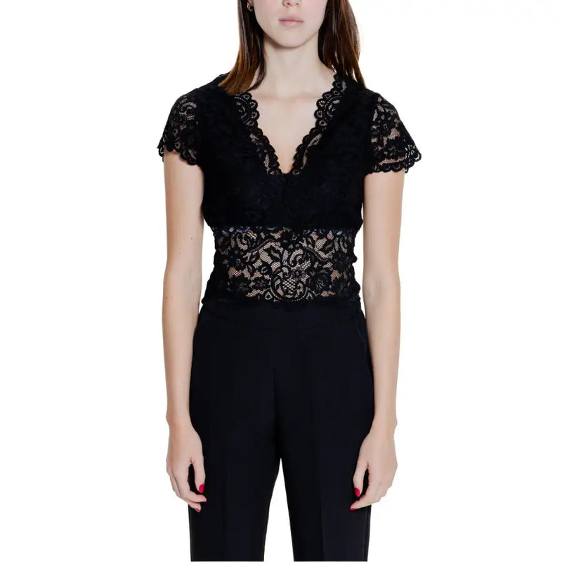 Morgan De Toi black lace V-neck top with short flutter sleeves