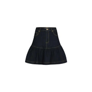 Morgan de Toi blue cotton blend dark blue denim skirt with flared ruffled hem and contrasting light stitching