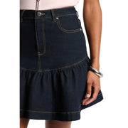 Dark blue denim Morgan De Toi cotton blend skirt with ruffled hem and contrasting light stitching for spring summer wear