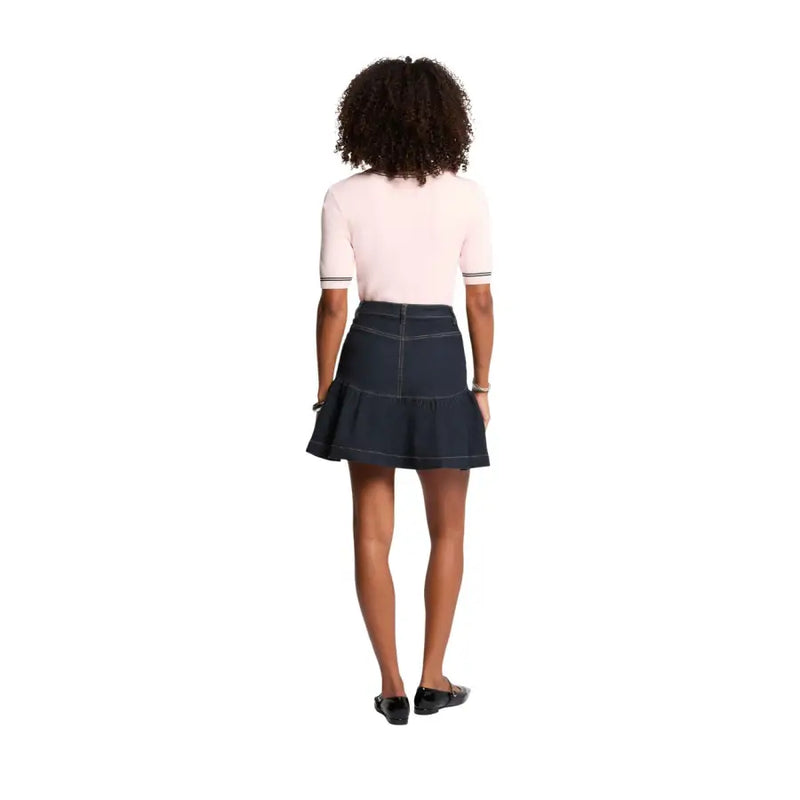 Dark blue cotton blend denim skirt by Morgan De Toi with flared hem and contrasting stitching for spring summer wear