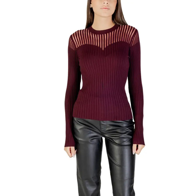 Women’s Bordeaux long-sleeve ribbed knit sweater with sheer striped yoke by Morgan De Toi
