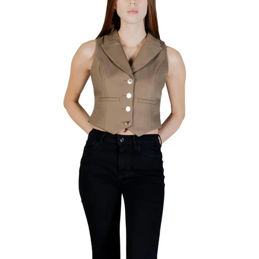 Morgan De Toi green cotton sleeveless gilet with tan sleeveless blazer vest style, notched collar, and three silver buttons